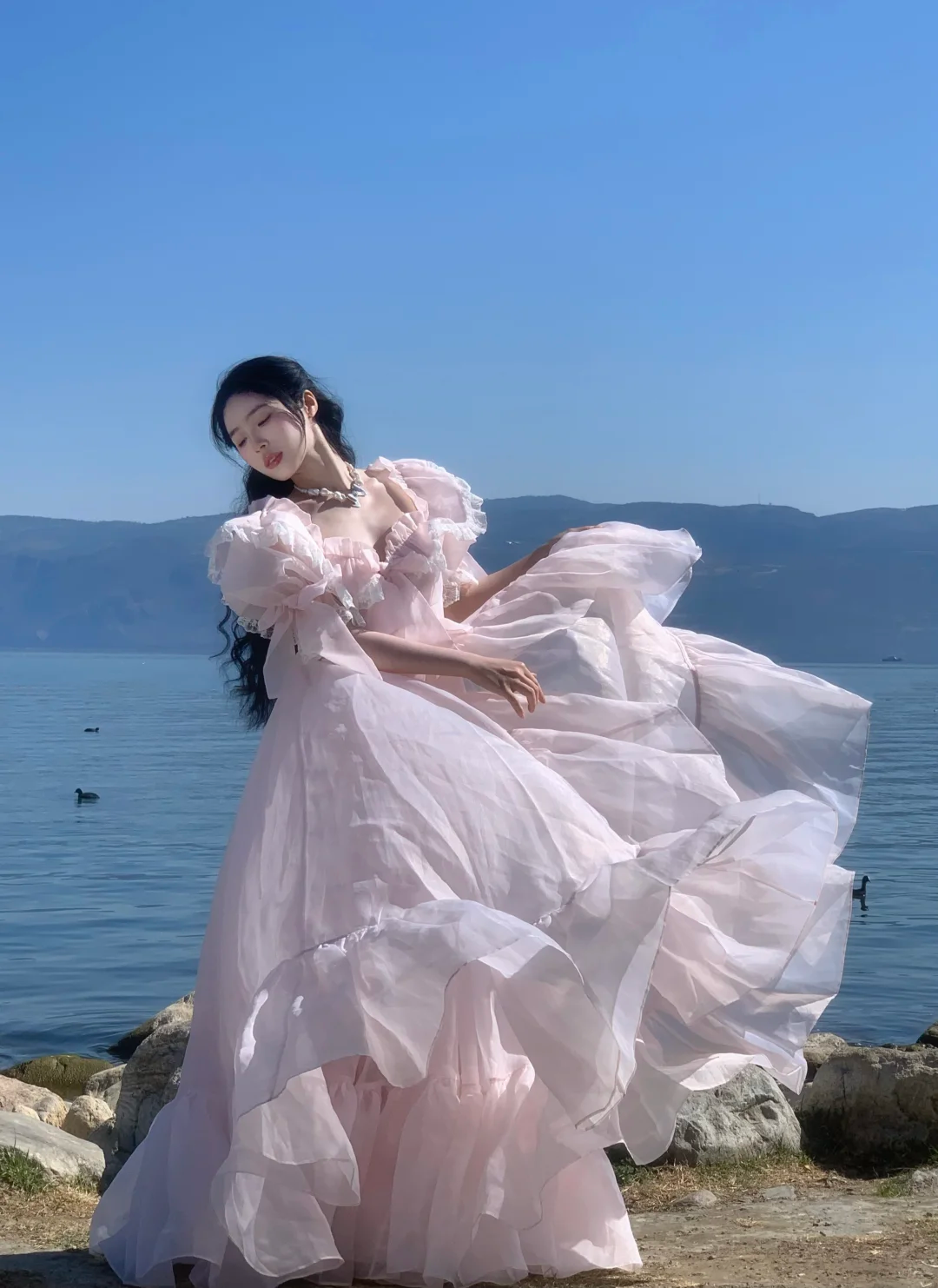 Princess Light Pink A Line Puff Chiffon Long Party Dress Evening Dress SH3405