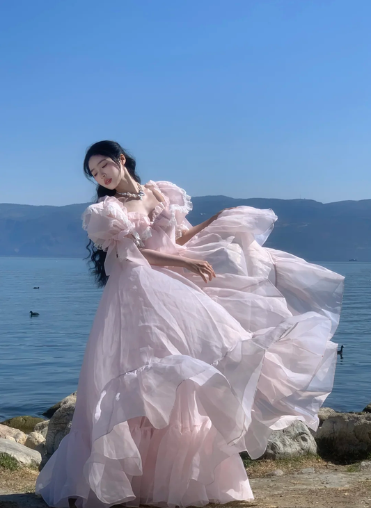 Princess Light Pink A Line Puff Chiffon Long Party Dress Evening Dress SH3405