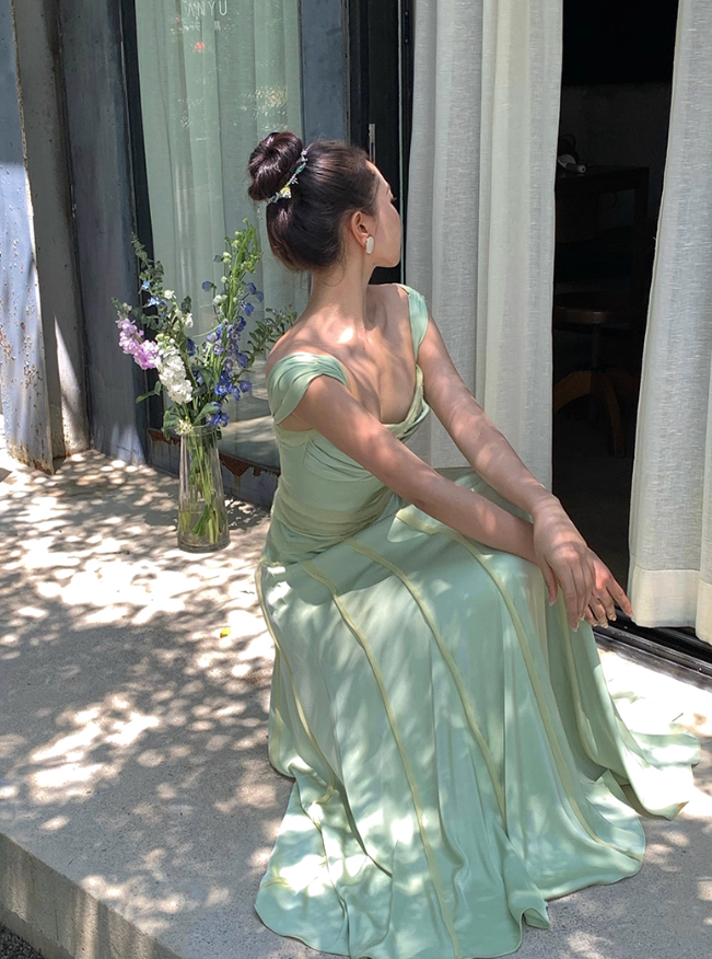 Elegant Green A Line Spaghetti Strap Chiffon Long Prom Dress Party Dress SH4036