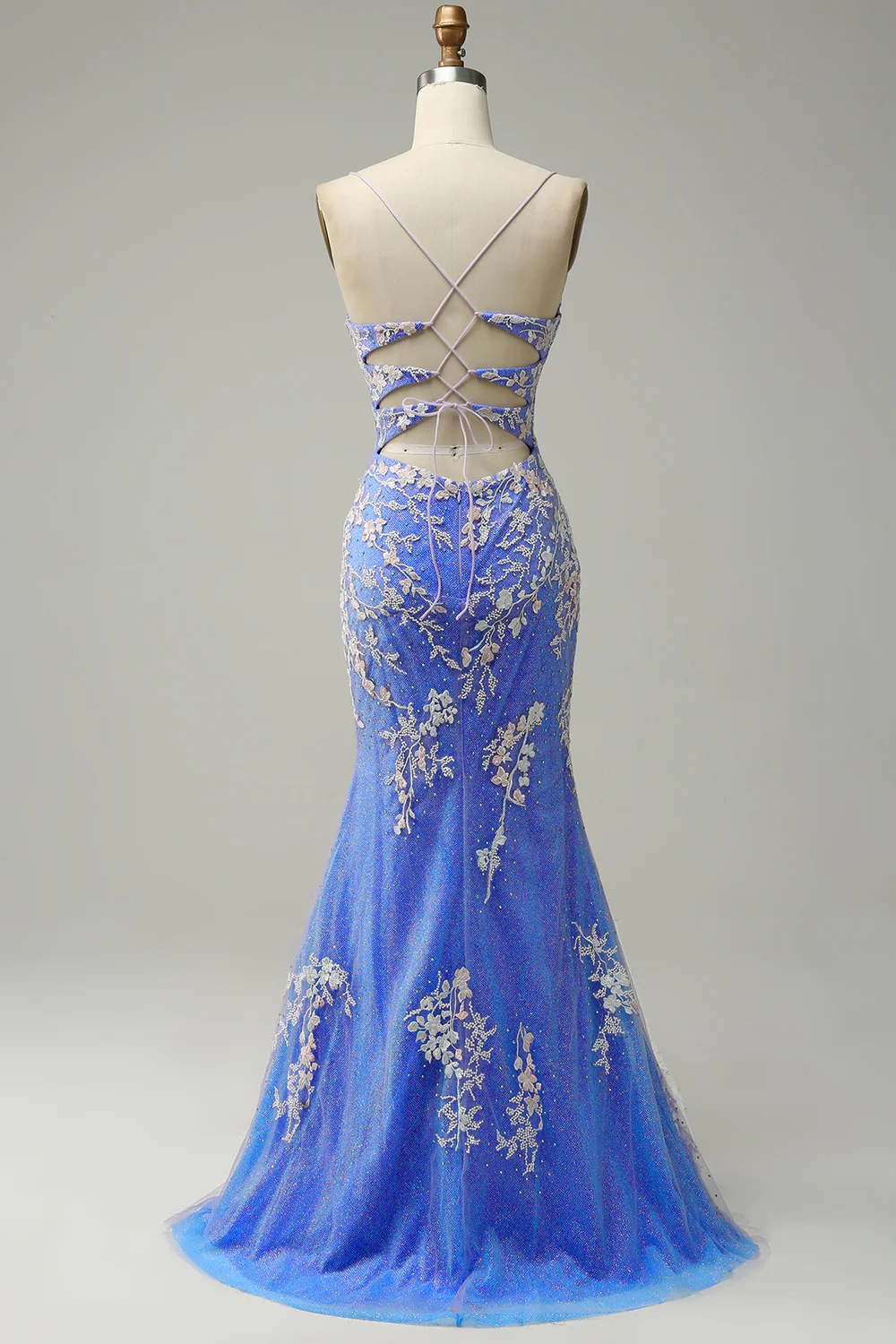 Charming Mermaid V Neck Light Blue Long Prom Dress With Appliques SH616