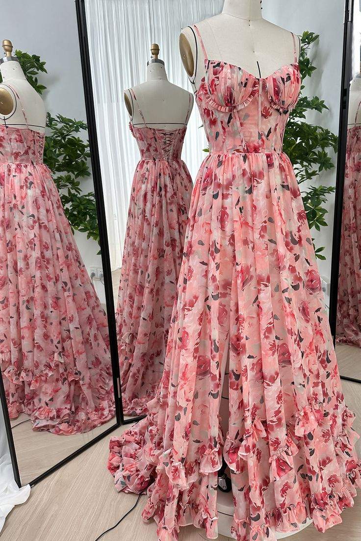 Spaghetti Straps Corset Floral Chiffon Prom Dress Slit Ruffles Party Dress SH1372