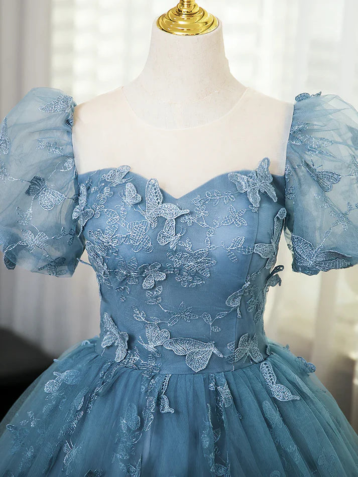 3D Butterfly Applique A Line Puff Sleeves Tulle Lace Gray Blue Sweet Long Prom Dress for Birthday SH3572