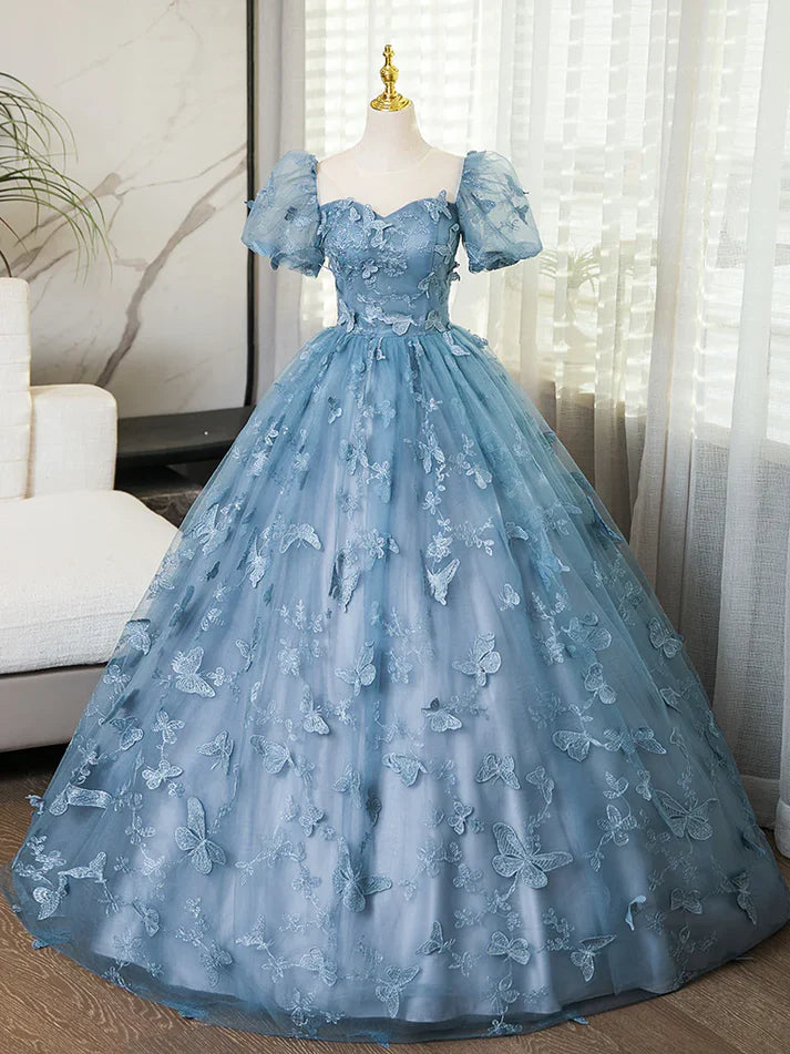 3D Butterfly Applique A Line Puff Sleeves Tulle Lace Gray Blue Sweet Long Prom Dress for Birthday SH3572