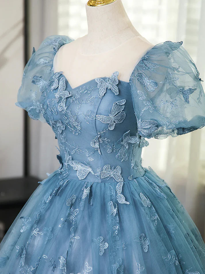 3D Butterfly Applique A Line Puff Sleeves Tulle Lace Gray Blue Sweet Long Prom Dress for Birthday SH3572