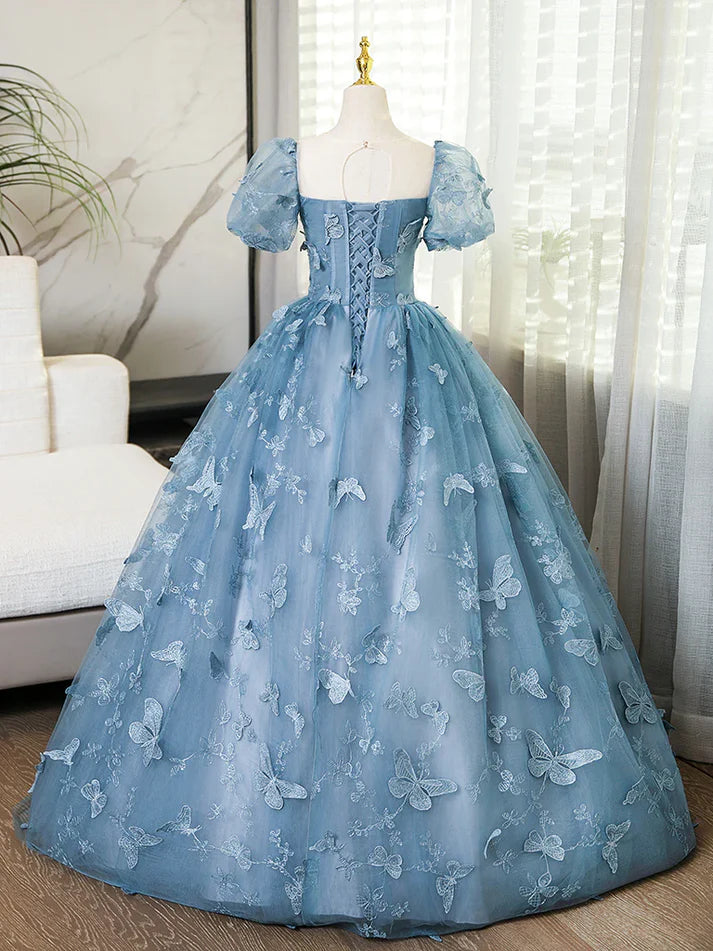 3D Butterfly Applique A Line Puff Sleeves Tulle Lace Gray Blue Sweet Long Prom Dress for Birthday SH3572