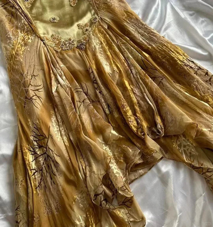 Gold Vintage Floral Satin Applique Spaghetti Straps Chiffon Prom Dresses Party Dresses SH3571