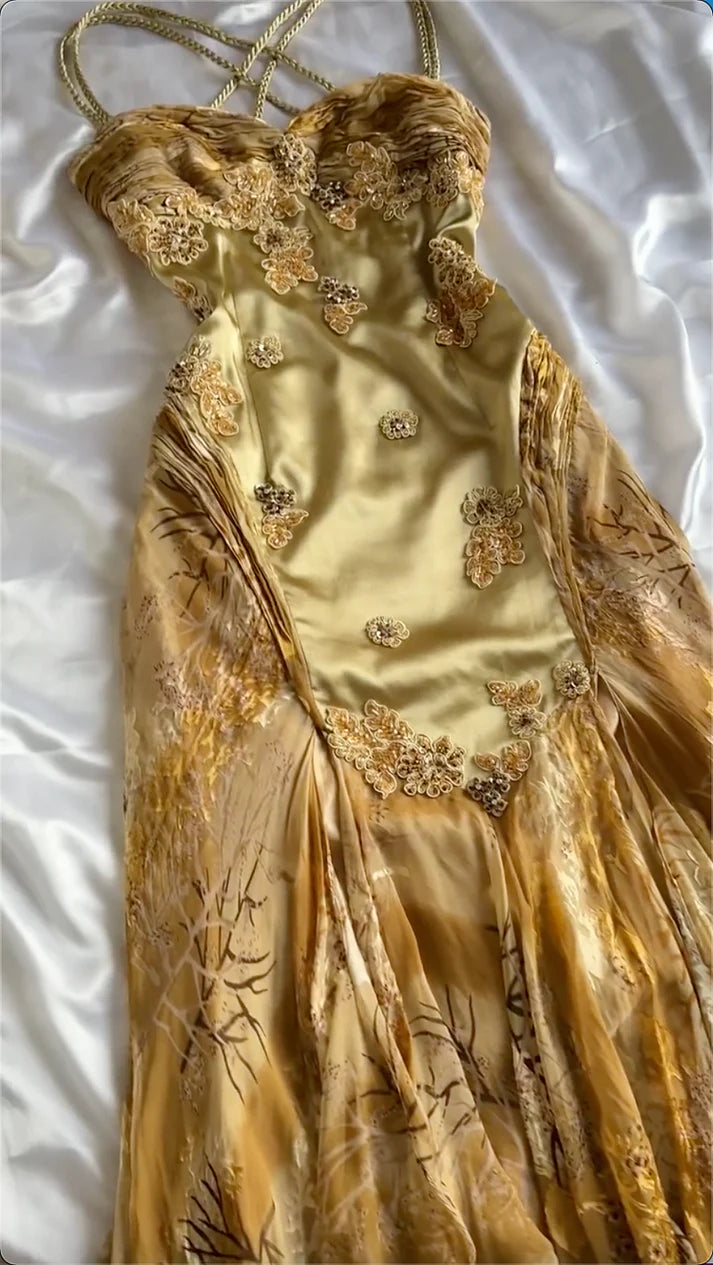 Gold Vintage Floral Satin Applique Spaghetti Straps Chiffon Prom Dresses Party Dresses SH3571
