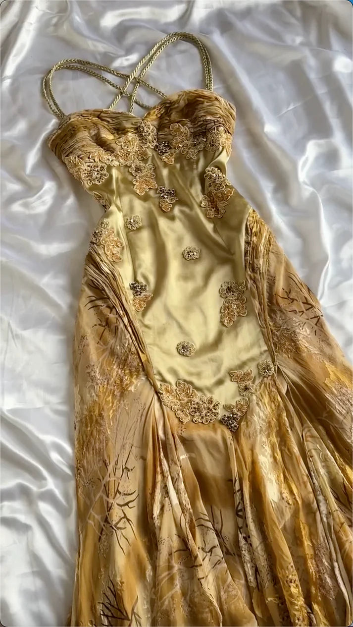 Gold Vintage Floral Satin Applique Spaghetti Straps Chiffon Prom Dresses Party Dresses SH3571