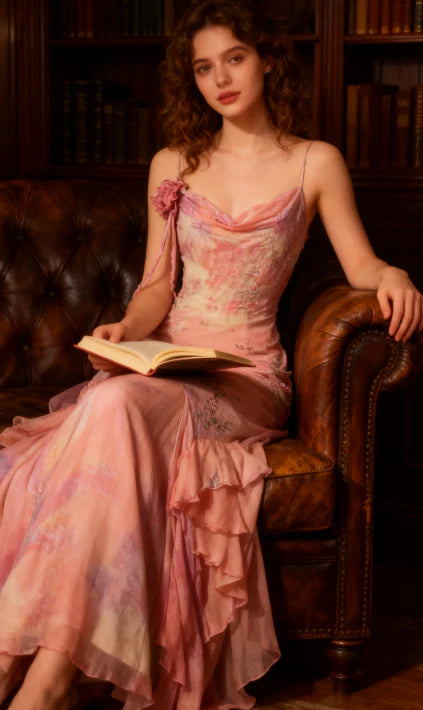 Fairytale Pink Mermaid Spaghetti Strap Beaded Ruffle Chiffon Prom Dress SH2664