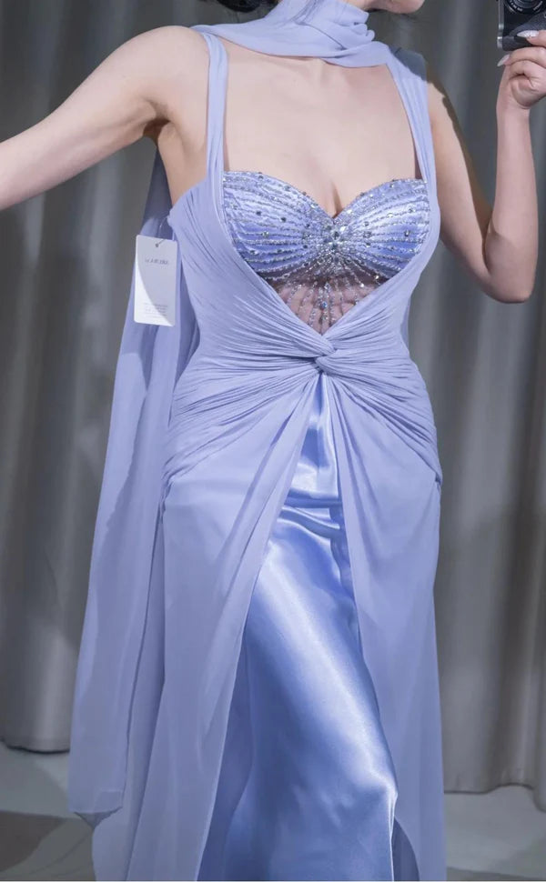 Gentle Purple A Line Strap Beaded Chiffon Satin Prom Dress Evening Dress SH3774