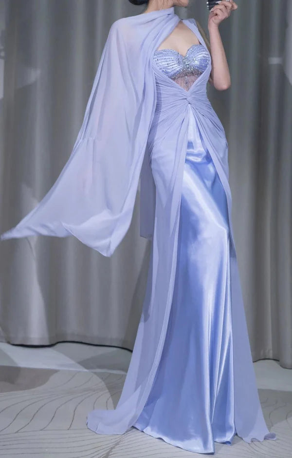 Gentle Purple A Line Strap Beaded Chiffon Satin Prom Dress Evening Dress SH3774