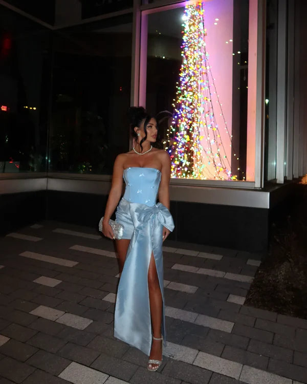 Big Blue Bow Sheath Strapless Satin Short Homecoming Dress Cocktail Dress SH3805
