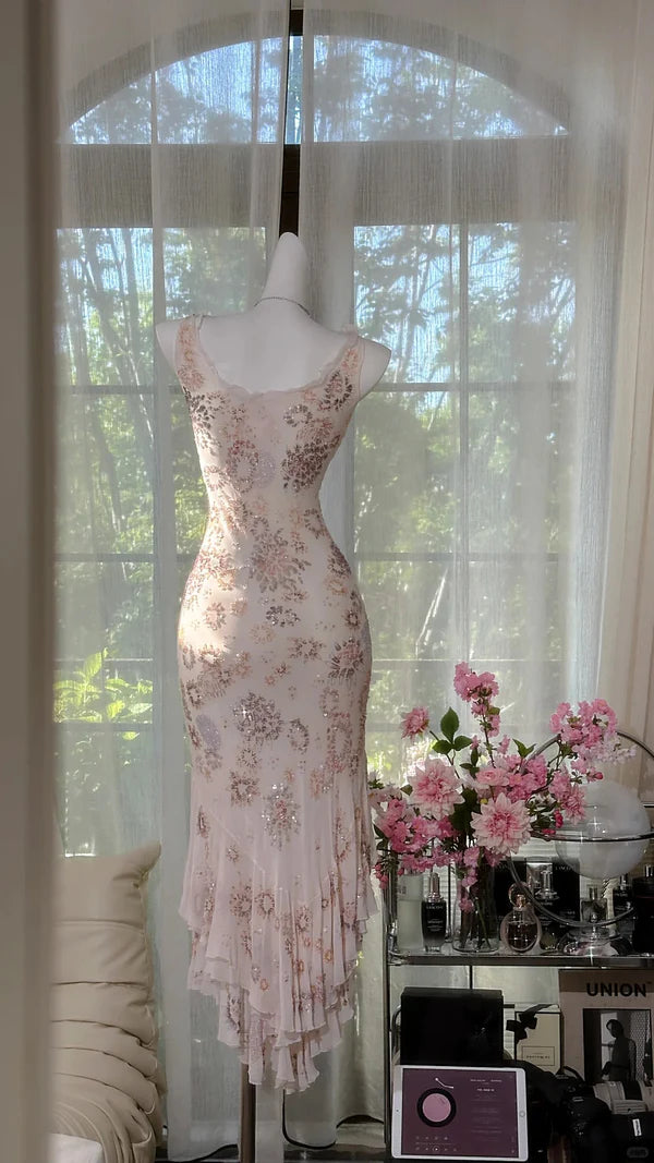 Ivory Exquisite Sheath Spaghetti Strap Floral Beaded Chiffon Homecoming Dress Cocktail Dress SH3773