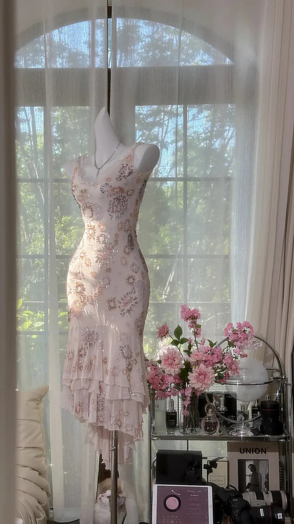 Ivory Exquisite Sheath Spaghetti Strap Floral Beaded Chiffon Homecoming Dress Cocktail Dress SH3773