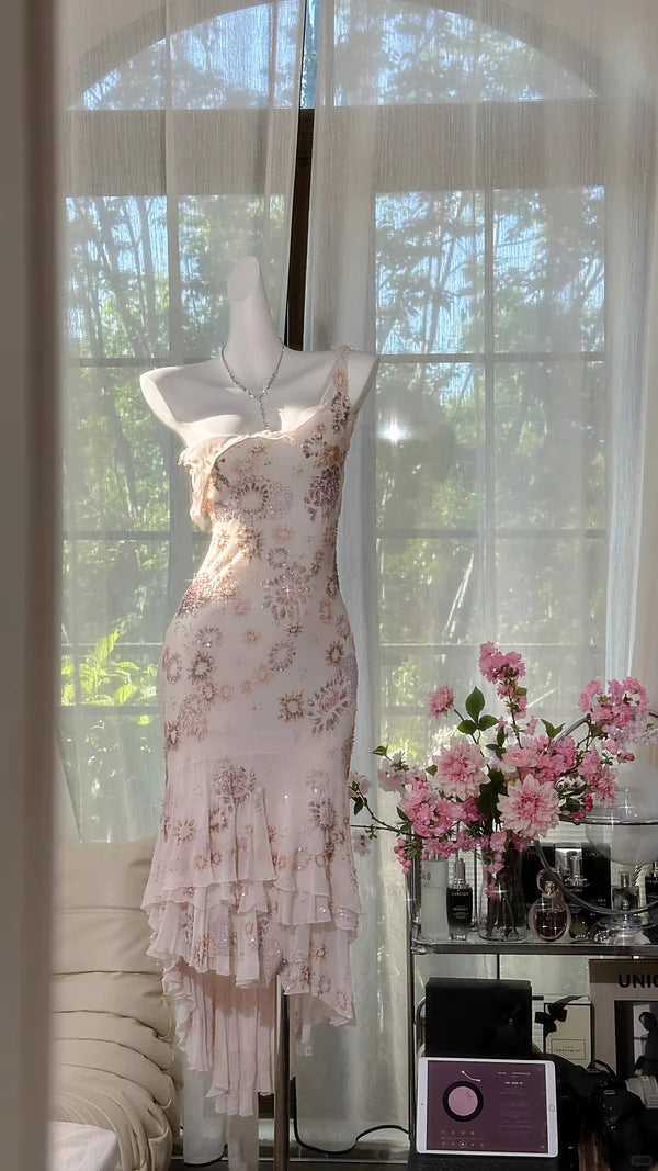 Ivory Exquisite Sheath Spaghetti Strap Floral Beaded Chiffon Homecoming Dress Cocktail Dress SH3773