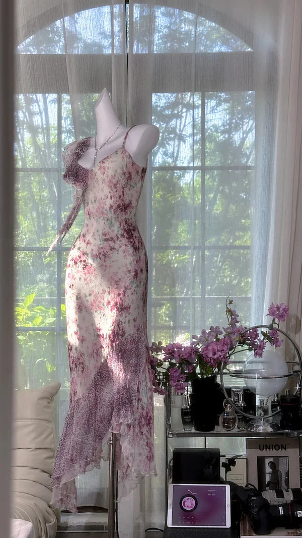 Flowy Purple Print Floral Mermaid Spaghetti Strap Chiffon Prom Dress Evening Dress Formal Dress SH3777