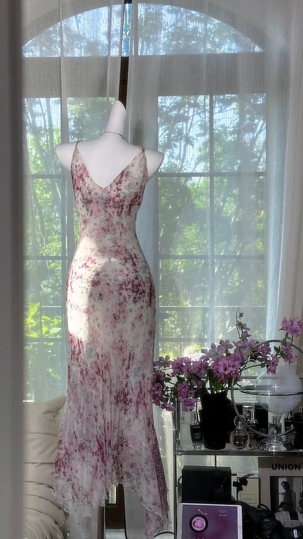 Flowy Purple Print Floral Mermaid Spaghetti Strap Chiffon Prom Dress Evening Dress Formal Dress SH3777