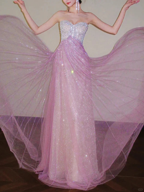 Shiny A Line Sweetheart Neck Beaded Pink Tulle Prom Dress Evening Dress Formal Dress SH3775
