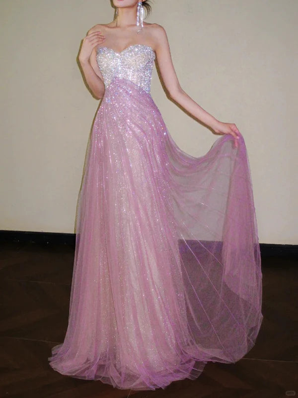 Shiny A Line Sweetheart Neck Beaded Pink Tulle Prom Dress Evening Dress Formal Dress SH3775