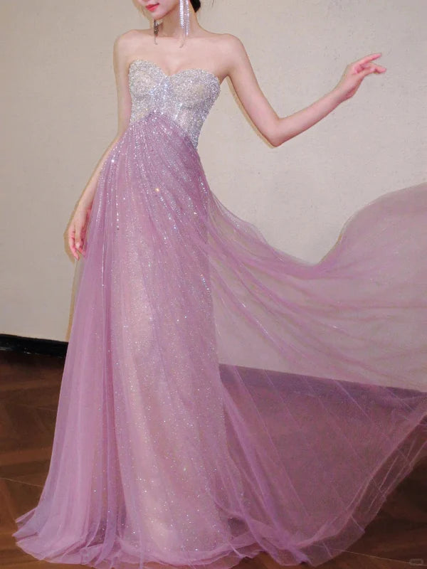 Shiny A Line Sweetheart Neck Beaded Pink Tulle Prom Dress Evening Dress Formal Dress SH3775