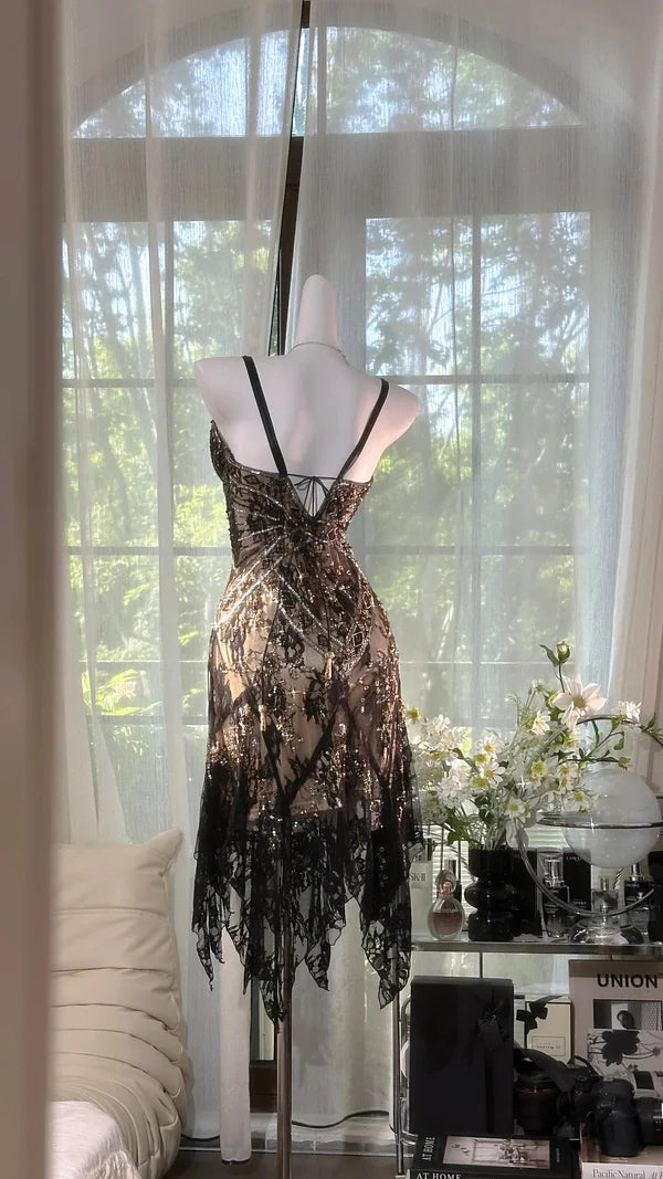 Stunning Sexy A Line Spaghetti Strap Beaded Black Lace Homecoming Dress Cocktail Dress SH3770