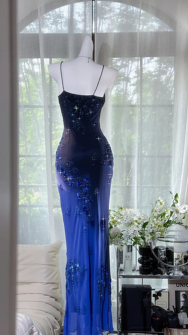 Ombre Blue Sheath Spaghetti Strap Beaded Chiffon Prom Dress Evening Dress Formal Dress SH3776