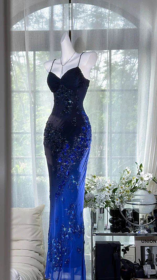 Ombre Blue Sheath Spaghetti Strap Beaded Chiffon Prom Dress Evening Dress Formal Dress SH3776