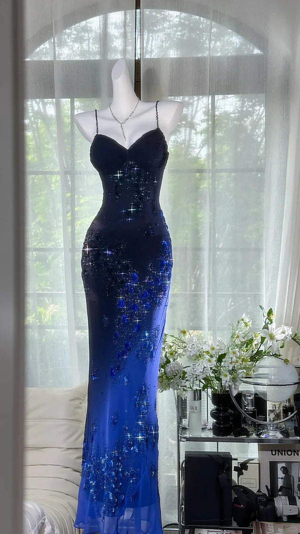Ombre Blue Sheath Spaghetti Strap Beaded Chiffon Prom Dress Evening Dress Formal Dress SH3776