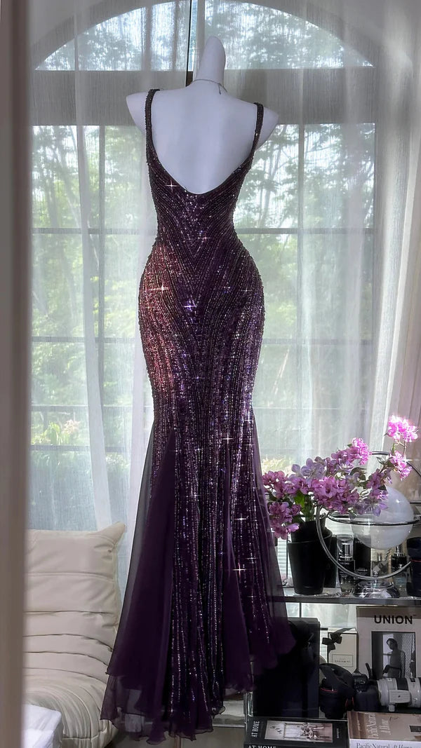 Exquisite Beaded Sequin Mermaid V Neck Chiffon Prom Dress Evening Dress Formal Dress SH3778