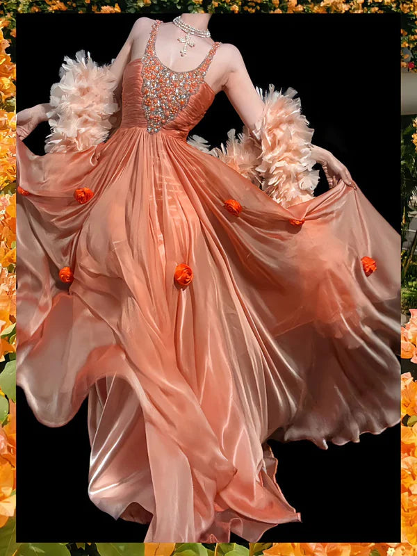 Stunning Orange A Line Straps Beaded Chiffon Prom Dress Party Dress SH3804