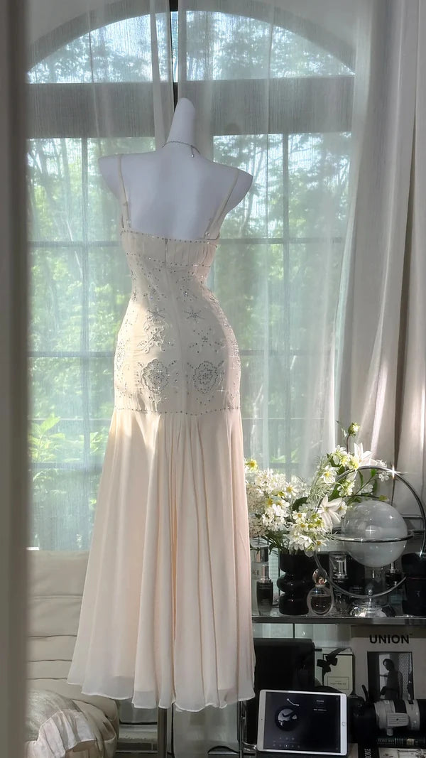 Ivory Rhinestone Mermaid Spaghetti Straps Chiffon Prom Dress Evening Dress SH3781