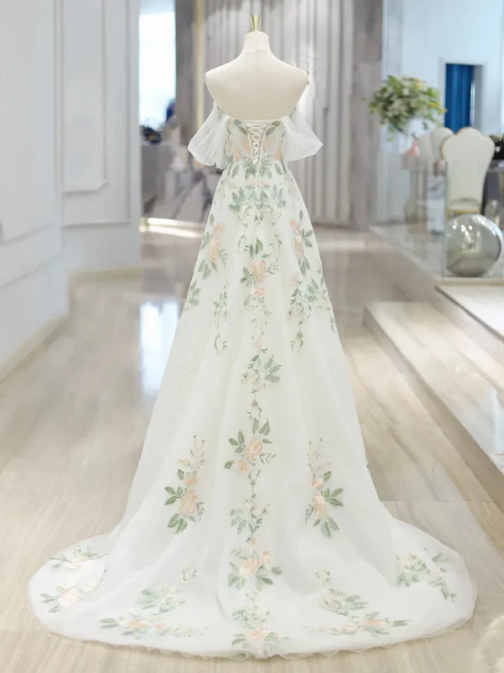 A Line Off Shoulder Tulle Lace Applique White Long Prom Dress Formal Dress SH3574