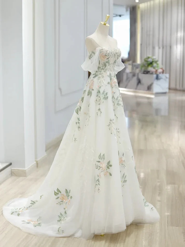 A Line Off Shoulder Tulle Lace Applique White Long Prom Dress Formal Dress SH3574