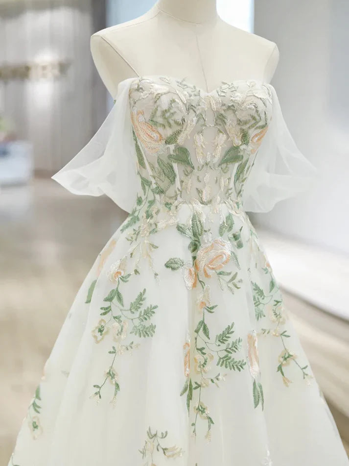 A Line Off Shoulder Tulle Lace Applique White Long Prom Dress Formal Dress SH3574
