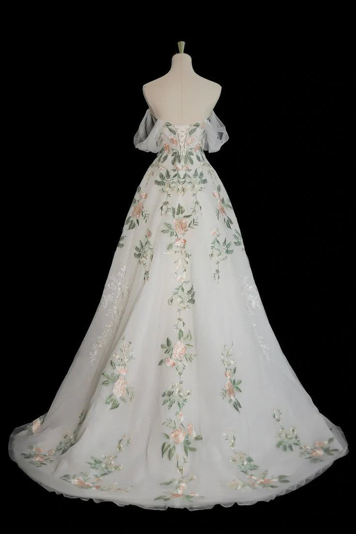 A Line Off Shoulder Tulle Lace Applique White Long Prom Dress Formal Dress SH3574