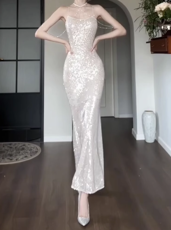 Shiny Mermaid Spaghetti Strap Sequin Prom Dress Evening Dress Party Dress SH4090
