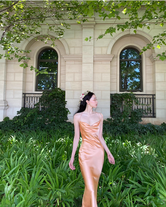 Simple Orange Sheath Spaghetti Strap Satin Open Back Prom Dress Party Dress SH4029