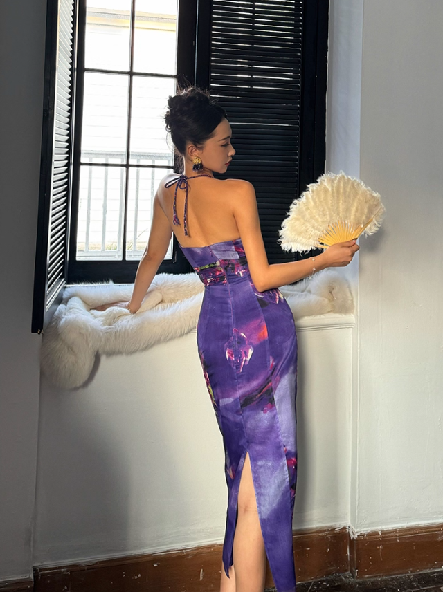 Sexy Purple Print Floral Sheath Halter Chiffon Long Prom Dress Party Dress SH4033