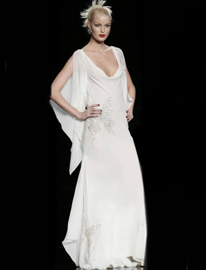 Elegant White Mermaid V Neck Butterfly Embroidery Beaded Chiffon Prom Dress Evening Dress SH3819