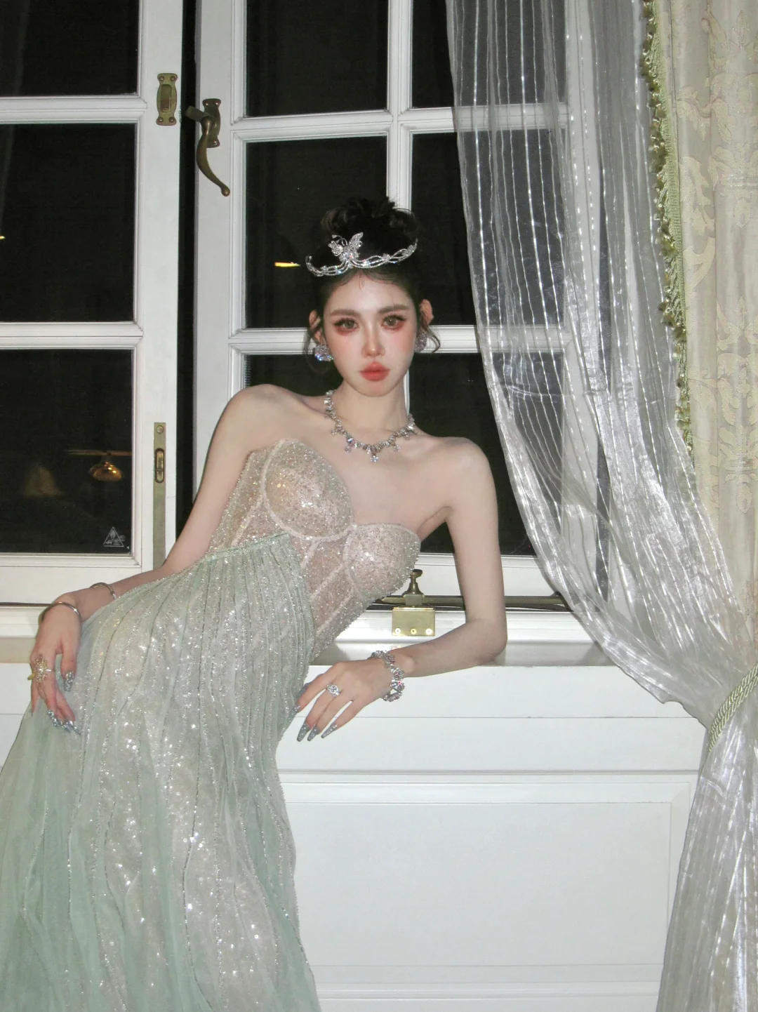 Stunning Green A Line Sweetheart Neck Corset Sequin Tulle Prom Dress Evening Dress SH4207