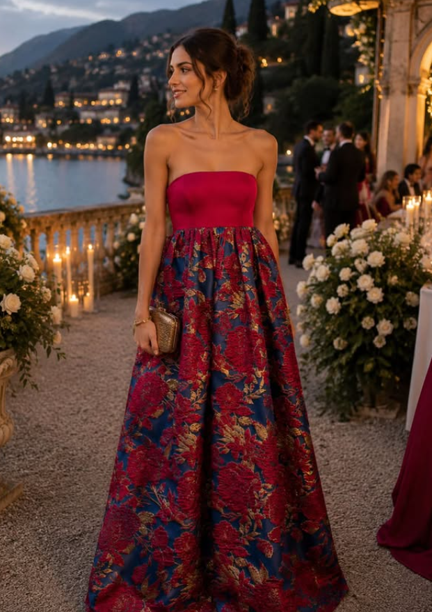 Simple A Line Strapless Red Print Floral Satin Prom Dress Evening Dress SH6356