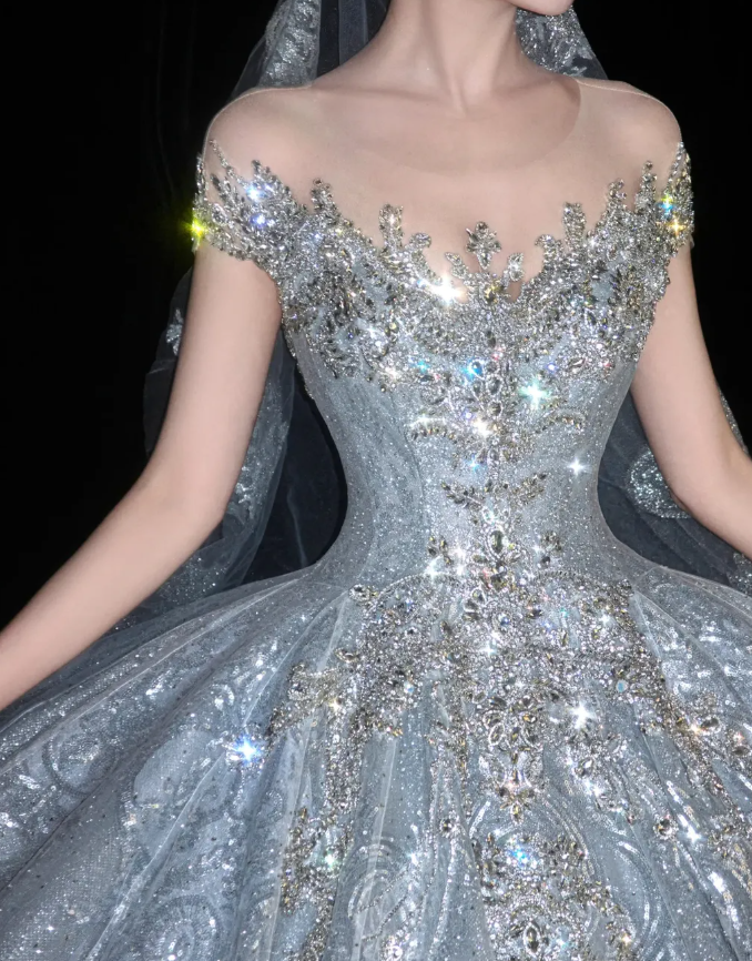 Shiny Rhinestone Beaded Silver Sequin Ball V Neck Prom Dress Evening Dress Party Dress SH3613