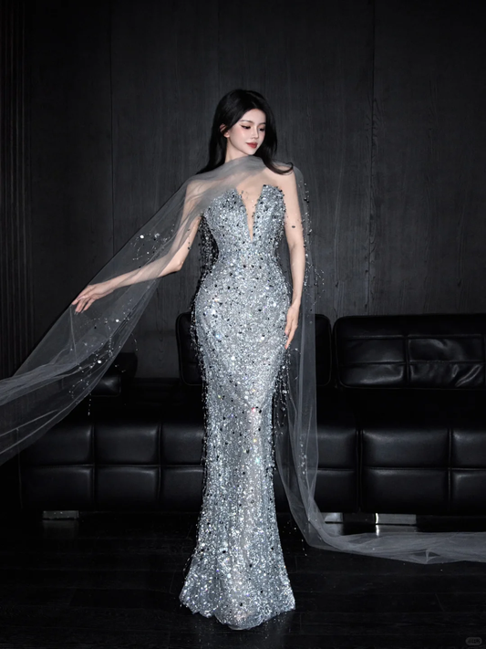 Silver Sequin Mermaid Sweetheart Neck Long Date Dress Evening Dress Prom Dress SH3442