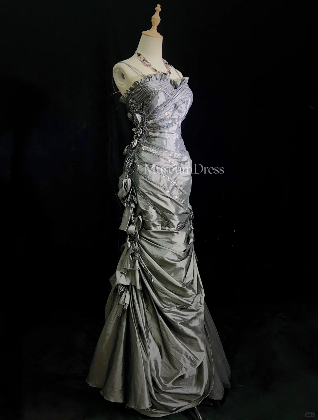 Retro Mermaid Spaghetti Strap Flower Grey Satin Prom Dress Evening Dress SH3326