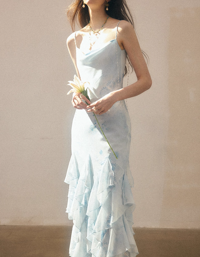 Blue Mermaid Spaghetti Strap Ruffle Chiffon Long Prom Dress Party Dress SH4148