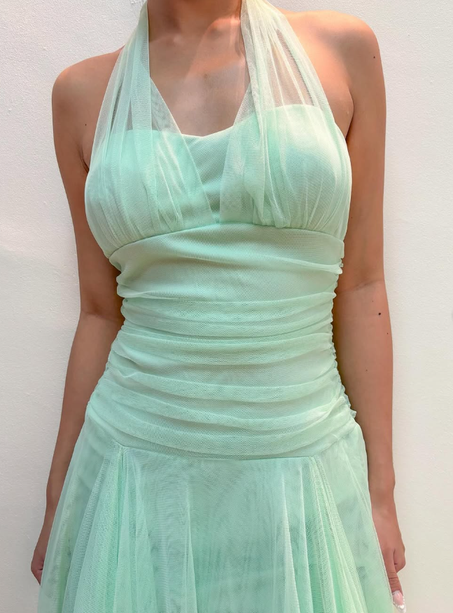 Vintage A Line Halter V Neck Ruffle Green Tulle Short Homecoming Dress Evening Dress SH369