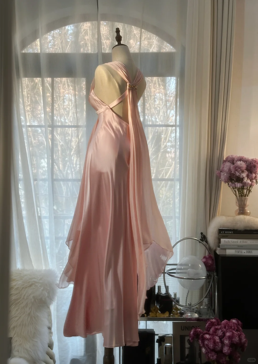 Classy A Line V Neck Beaded Pink Chiffon Satin Long Party Dress Evening Dress SH2937