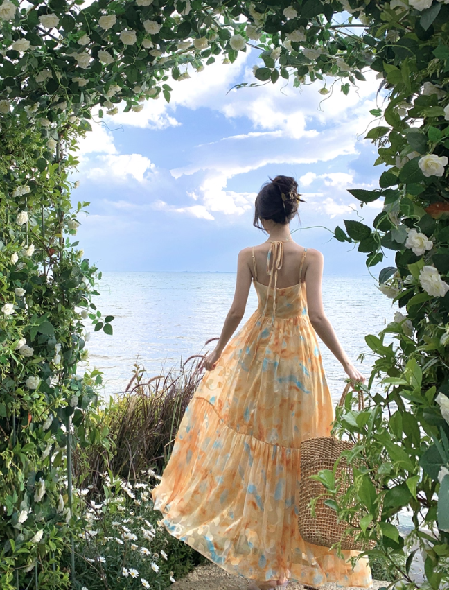 Flowy A Line Spaghetti Strap Floral Yellow Chiffon Prom Dress Vacation Dress SH4138