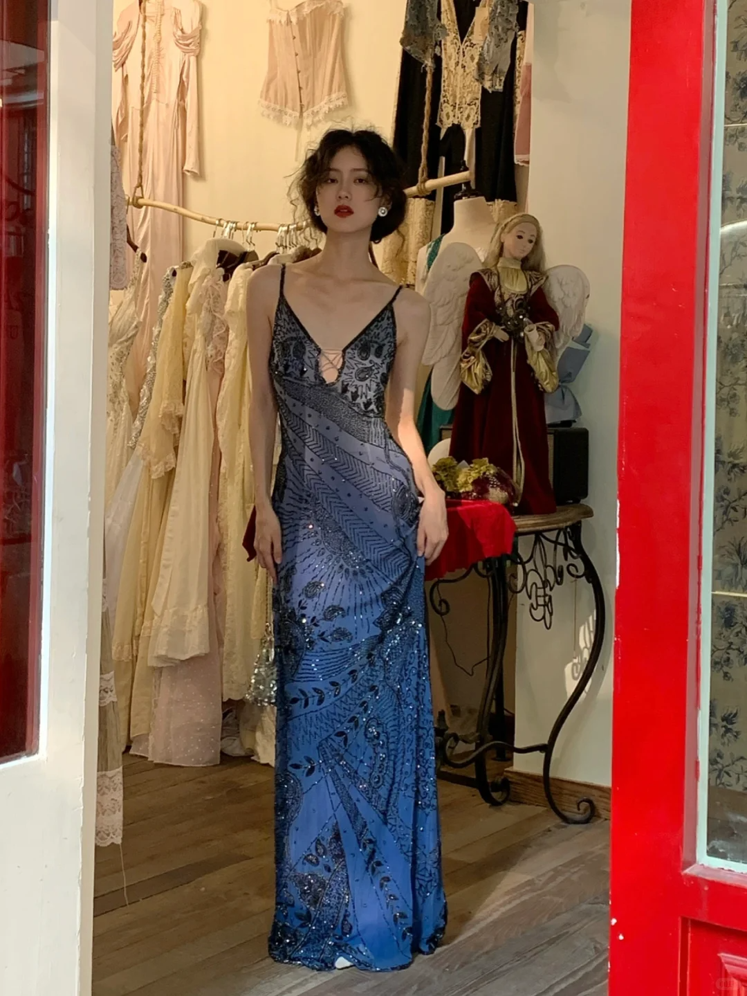 Vintage Blue Sheath Spaghetti Strap Exquisite Beaded Chiffon Prom Dress 22th Birthday Dress SH4406