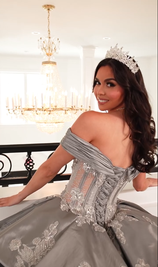 Silver Ball Gown Applique Lace Sequin Tulle Satin Long Prom Dress Quinceanera Dress SH5166